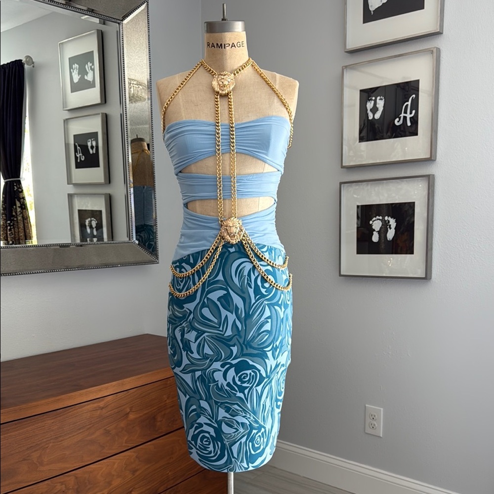 Elegant Blue Strapless Dress with Gold Accents